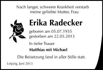 Todesanzeige von Erika Radecker von Zwickau