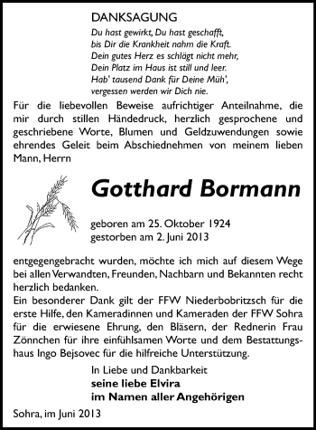 Todesanzeige von Gotthard Bormann von Freiberg / Brand Erbisdorf
