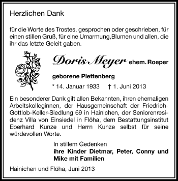 Todesanzeige von Doris Meyer von Flöha, Mittweida