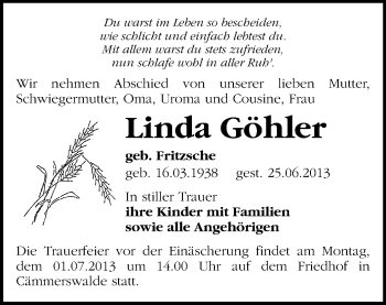 Todesanzeige von Linda Göhler von Freiberg / Brand Erbisdorf