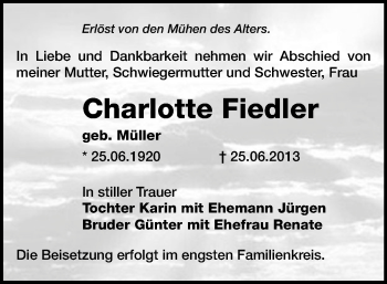 Todesanzeige von Charlotte Fiedler von Chemnitz