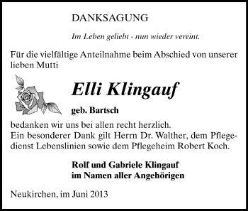 Todesanzeige von Elli Klingauf von Werdau