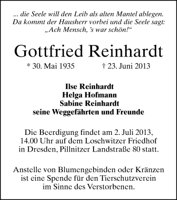 Todesanzeige von Gottfried Reinhardt von Freiberg / Brand Erbisdorf