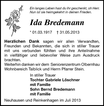 Todesanzeige von Ida Bredemann von Freiberg / Brand Erbisdorf, Marienberg