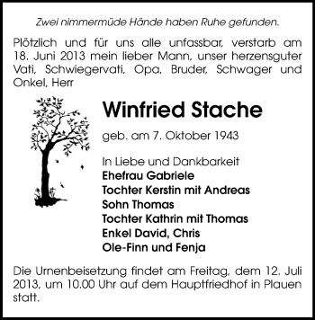 Todesanzeige von Winfried Stache von Plauen