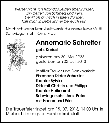 Todesanzeige von Annemarie Schreiter von Mittweida