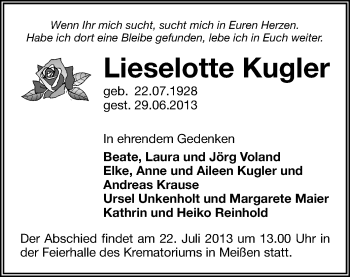 Todesanzeige von Lieselotte Kugler von Aue