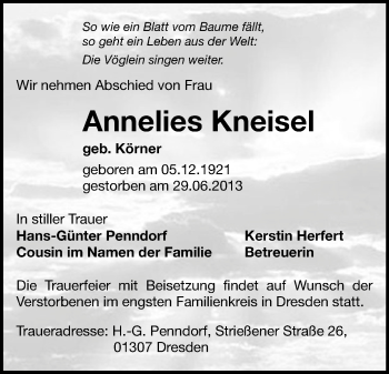 Todesanzeige von Annelies Kneisel von Freiberg / Brand Erbisdorf
