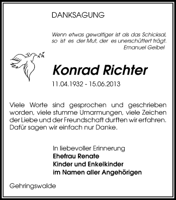 Todesanzeige von Konrad Richter von Zschopau