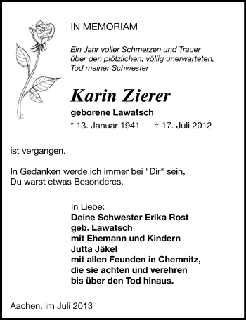 Todesanzeige von Karin Zierer von Chemnitz