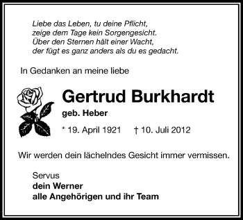 Todesanzeige von Gertrud Burkhardt von Freiberg / Brand Erbisdorf