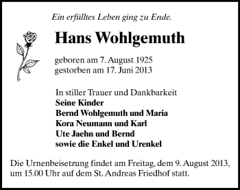 Todesanzeige von Hans Wohlgemuth von Chemnitz