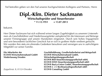 Todesanzeige von Dieter Sackmann von Gesamtausgabe