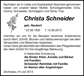 Todesanzeige von Christa Schneider von Zschopau