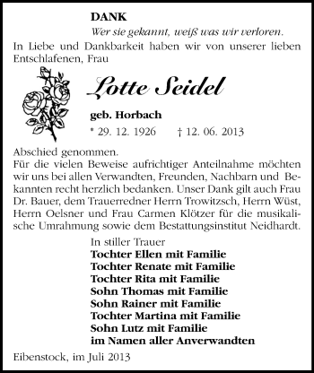 Todesanzeige von Lotte Seidel von Aue