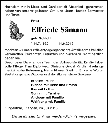 Todesanzeige von Elfriede Sämann von Oberes Vogtland