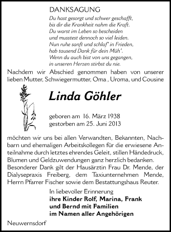 Todesanzeige von Linda Göhler von Freiberg / Brand Erbisdorf
