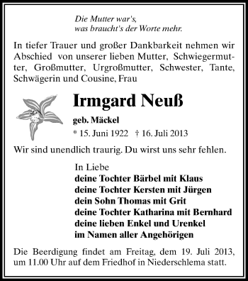 Todesanzeige von Irmgard Neuß von Aue