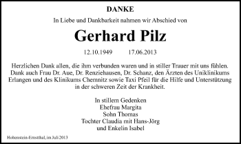 Todesanzeige von Gerhard Pilz von Hohenstein-Ernstthal