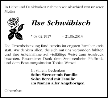 Todesanzeige von Ilse Schwäbisch von Marienberg