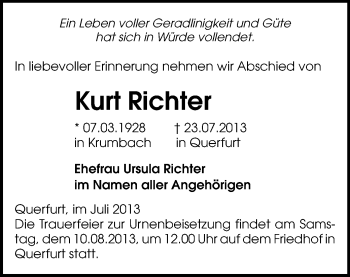 Todesanzeige von Kurt Richter von Mittweida