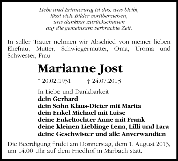 Todesanzeige von Marianne Jost von Mittweida