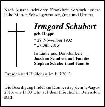 Todesanzeige von Irmgard Schubert von Werdau