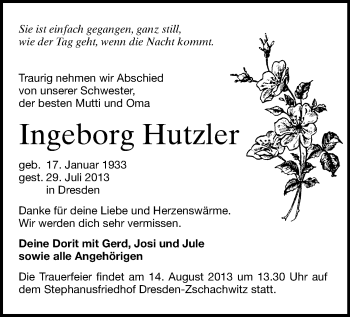 Todesanzeige von Ingeborg Hutzler von Plauen, Oberes Vogtland