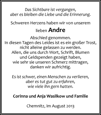 Todesanzeige von Andre  von Annaberg, Aue, Chemnitz, Flöha