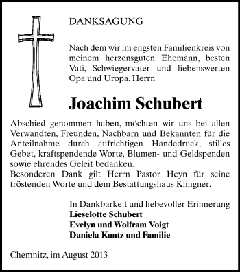 Todesanzeige von Joachim Schubert von Chemnitz