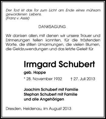 Todesanzeige von Irmgard Schubert von Werdau