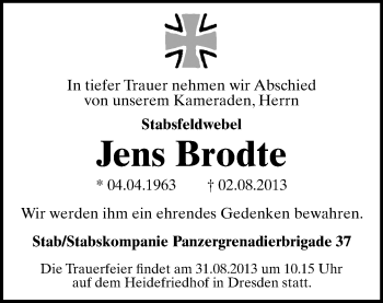 Todesanzeige von Jens Brodte von Mittweida
