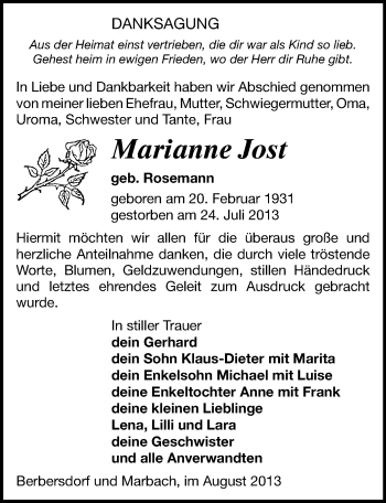 Todesanzeige von Marianne Jost von Mittweida