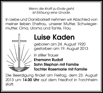 Todesanzeige von Luise Kaden von Marienberg