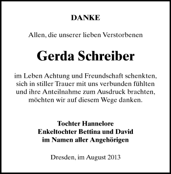 Todesanzeige von Gerda Schreiber von Reichenbach