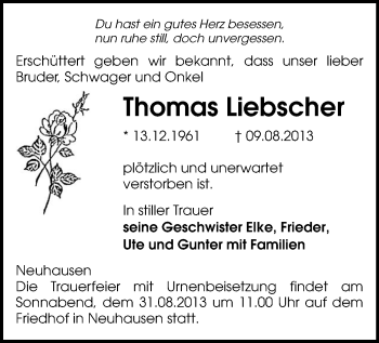 Todesanzeige von Thomas Liebscher von Freiberg / Brand Erbisdorf, Marienberg