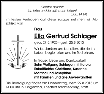 Todesanzeige von Ella Gertrud Schlager von Oberes Vogtland