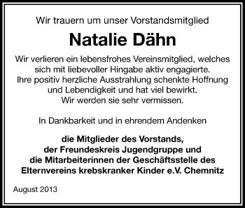 Todesanzeige von Natalie Dähn von Chemnitz