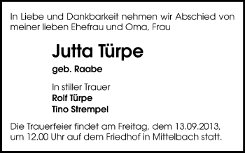 Todesanzeige von Jutta Türpe von Chemnitz