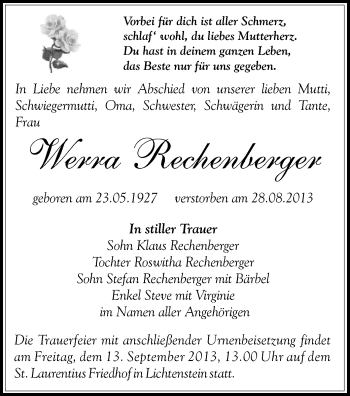 Todesanzeige von Werra Rechenberger von Hohenstein-Ernstthal