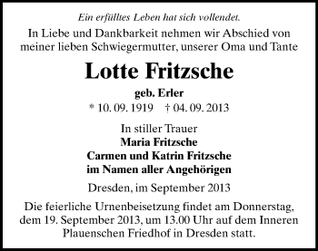 Todesanzeige von Lotte Fritzsche von Freiberg / Brand Erbisdorf