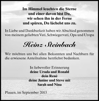 Todesanzeige von Heinz Steinbach von Plauen