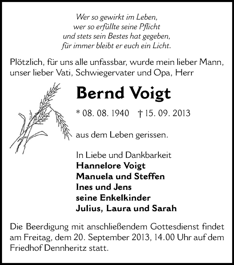  Traueranzeige für Bernd Voigt vom 17.09.2013 aus Glauchau, Werdau, Zwickau