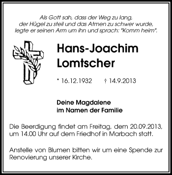Todesanzeige von Hans-Joachim Lomtscher von Mittweida