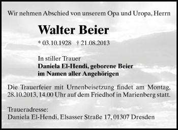 Todesanzeige von Walter Beier von Marienberg