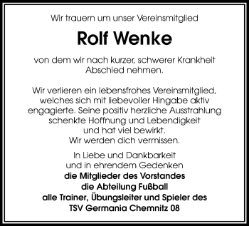 Todesanzeige von Rolf Wenke von Chemnitz