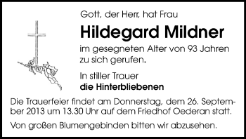 Todesanzeige von Hildegard Mildner von Flöha