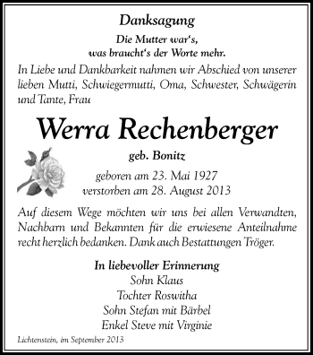 Todesanzeige von Werra Rechenberger von Hohenstein-Ernstthal