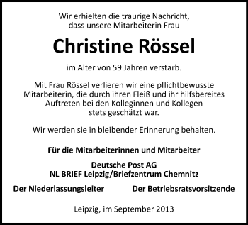 Todesanzeige von Christine Rössel von Chemnitz