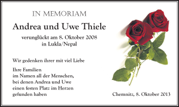 Todesanzeige von Andrea und Uwe Thiele von Chemnitz